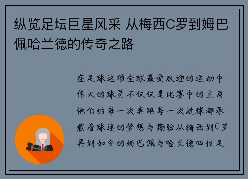 纵览足坛巨星风采 从梅西C罗到姆巴佩哈兰德的传奇之路