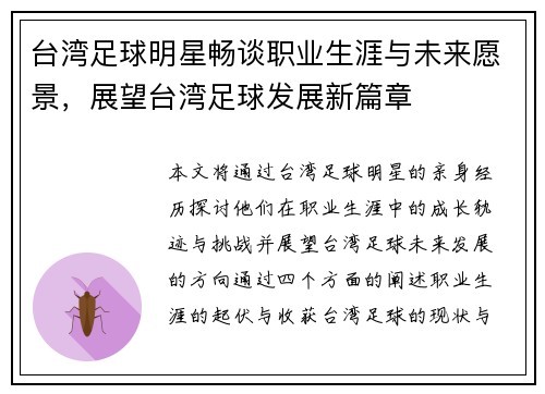 台湾足球明星畅谈职业生涯与未来愿景，展望台湾足球发展新篇章